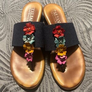 Italian Shoemakers Black Sandals with Multicolor Floral Design Size 10
